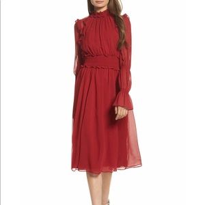 CHELSEA28 Ruffle Midi Red Jester Dress